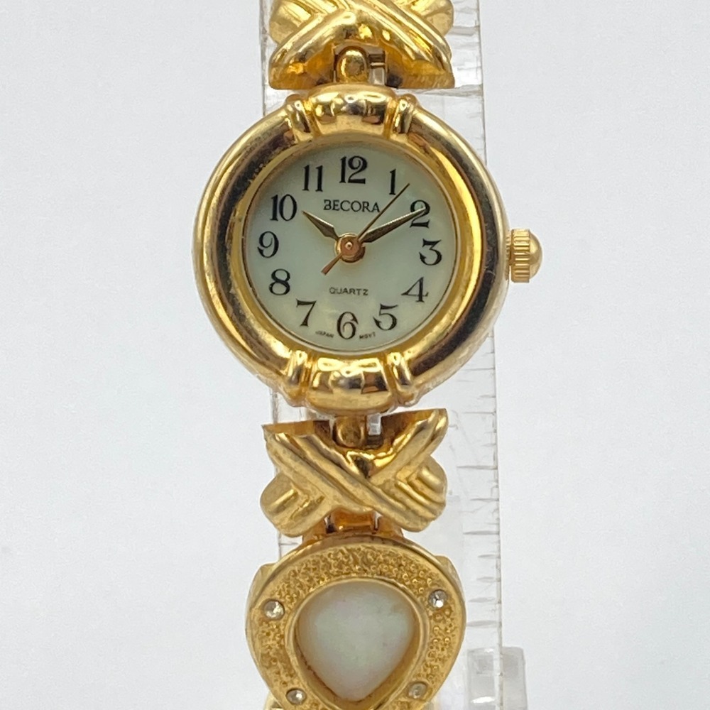 Vintage Becora Womens Watch Gold Tone 20mm MOP Inlay Crystals New Battery 7"